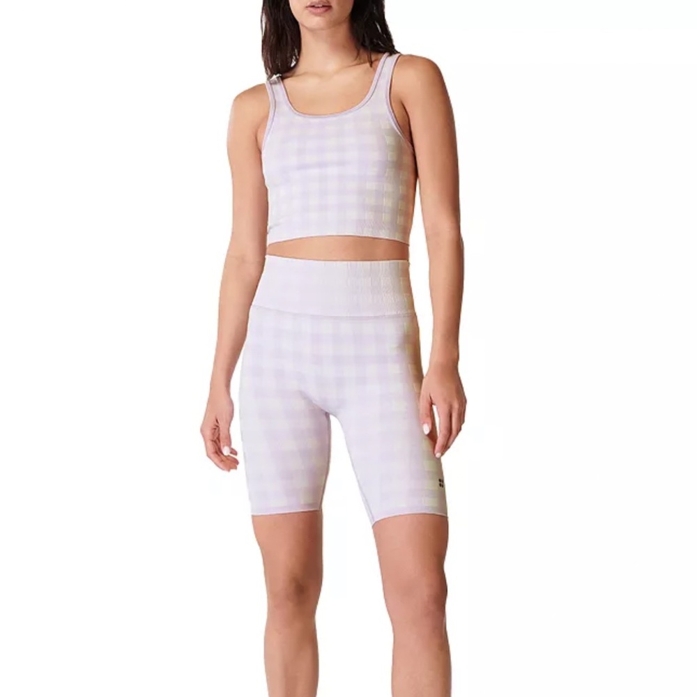 Sweaty Betty retro pink and white gingham biker shorts and top coord set NWT